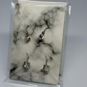 2 Pair Cubic Zirconia Drop Earrings Round Cluster & Princess Cut Silver Tone